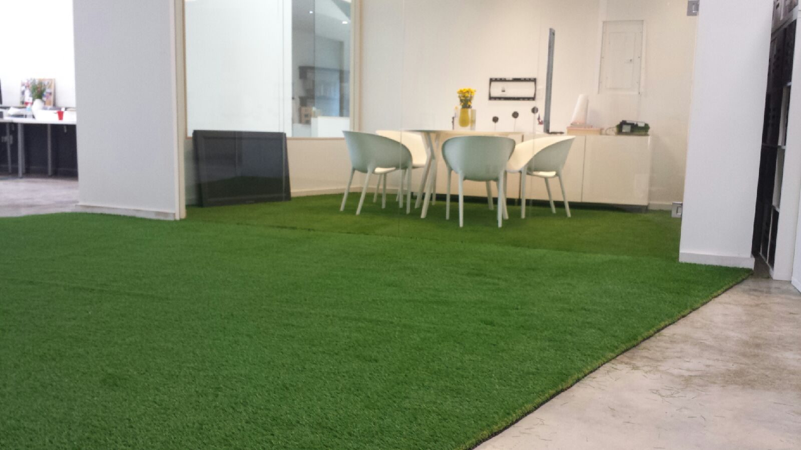 A room with artificial grass flooring